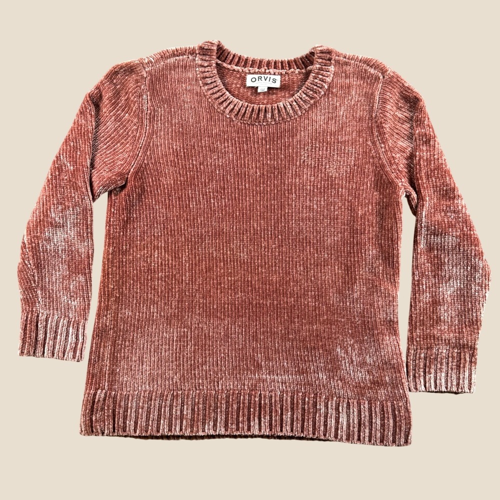 Orvis Chenille Sweater Women L Pink Mauve Ribbed Knit Crew Neck Pullover Casual
